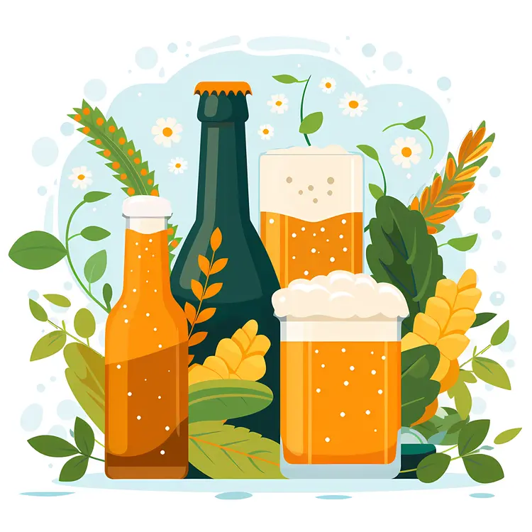 Beer Bottles and Glasses Surrounded by Wheat and Leaves