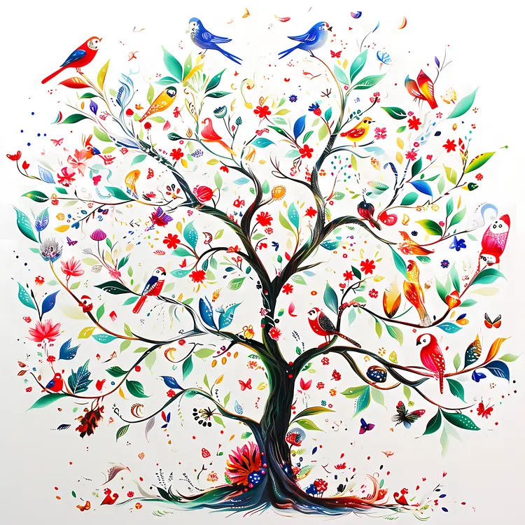 Colorful Tree with Birds and Flowers