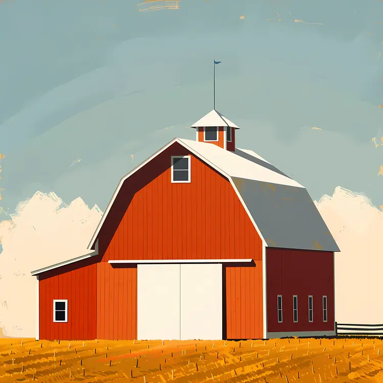 Red Barn in Sunny Field