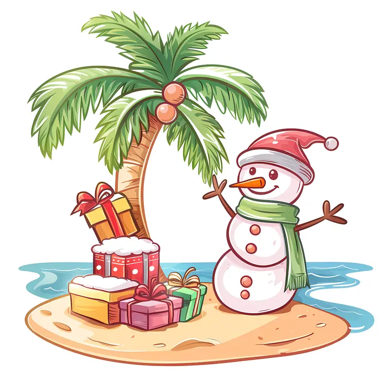 Snowman with Presents on a Beach