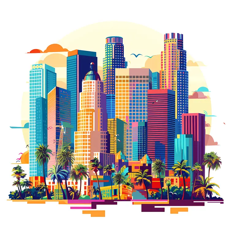 Colorful Cityscape with Skyscrapers and Sunset