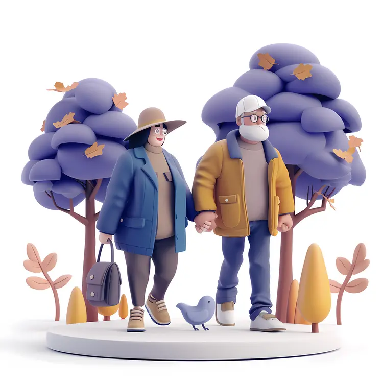 Elderly Couple Walking in Autumn