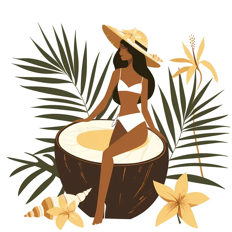 Woman in Coconut with Palm Leaves and Flowers