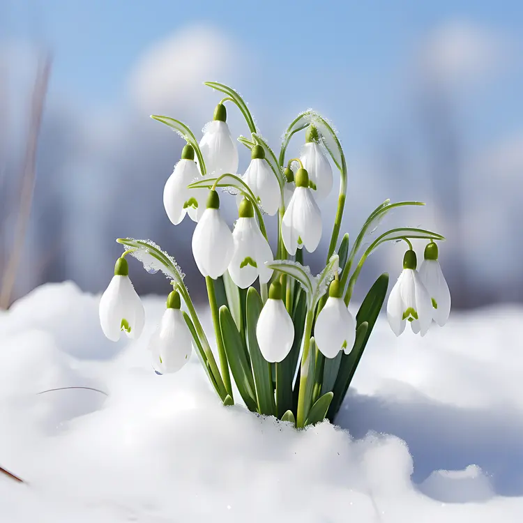 White Snowdrops in Winter Snow