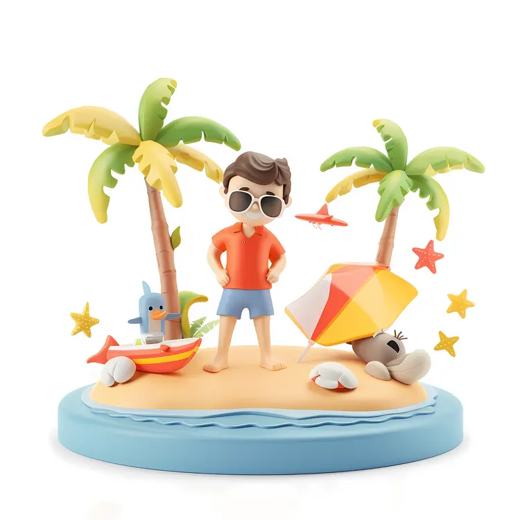 Tropical Beach Scene with Palm Trees and Umbrella