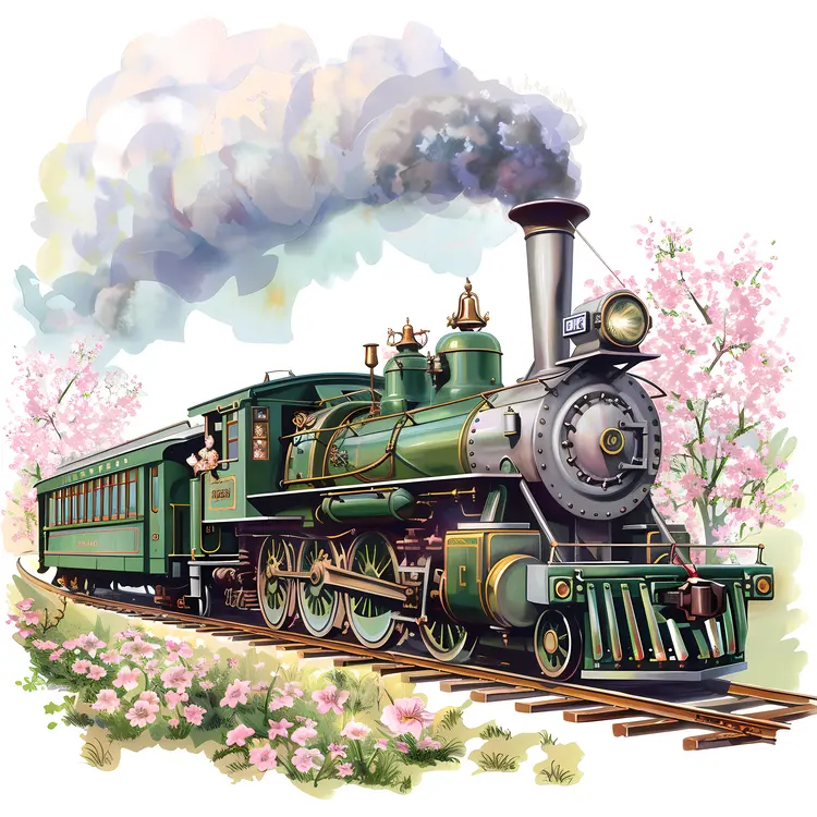 Green Steam Train with Cherry Blossoms