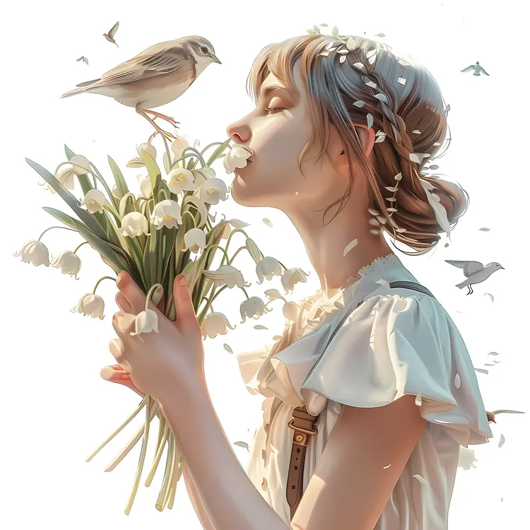 Cute Girl Holding Flowers with Birds