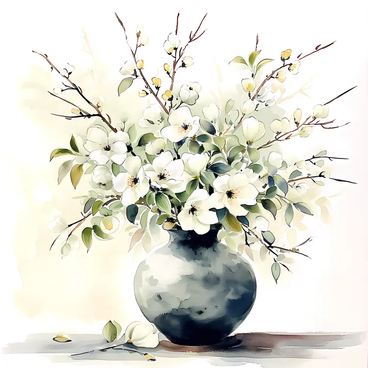 White Flowers in Vase with Branches