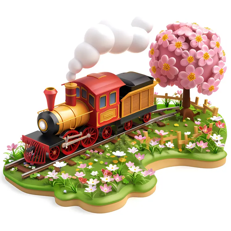 Cute Red Train with Flowers and Tree