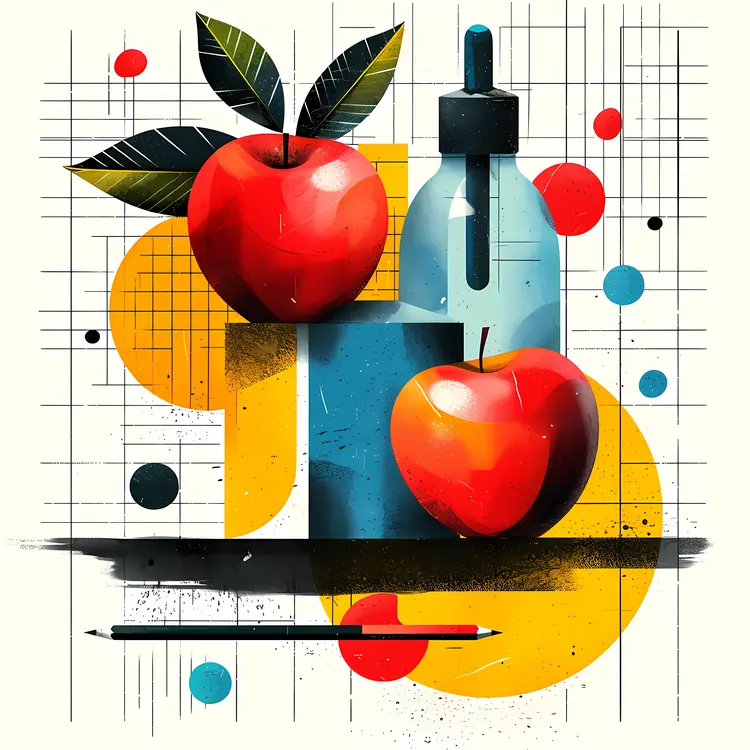 Red Apples with Leaves and Bottle