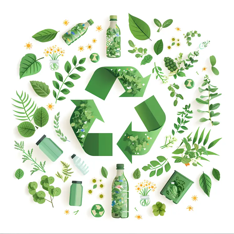 Recycling symbol with plants and bottles