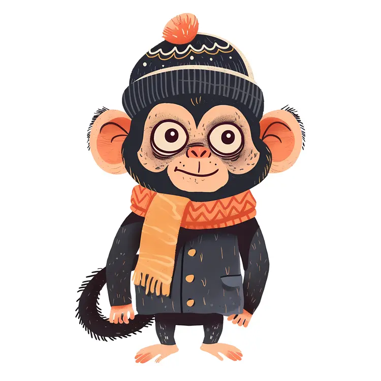 Monkey in Winter Clothes with Scarf and Hat