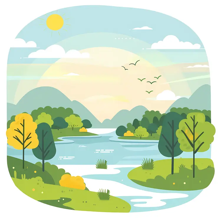 Sunny River Landscape with Trees and Hills