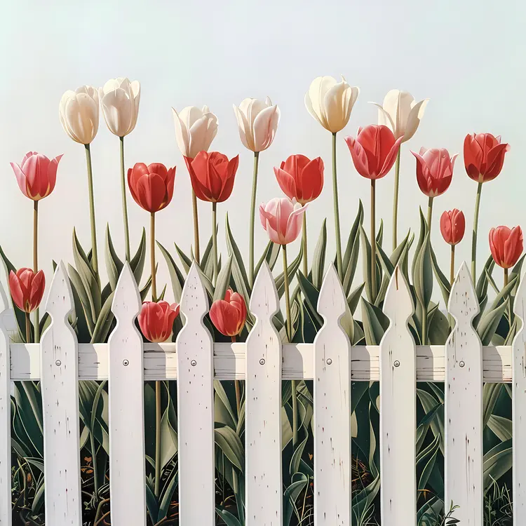 Red and White Tulips on White Fence
