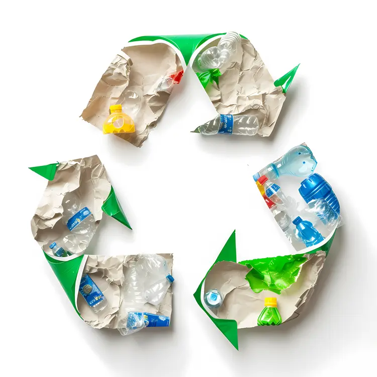 Recycling Symbol with Plastic Bottles and Crumpled Paper