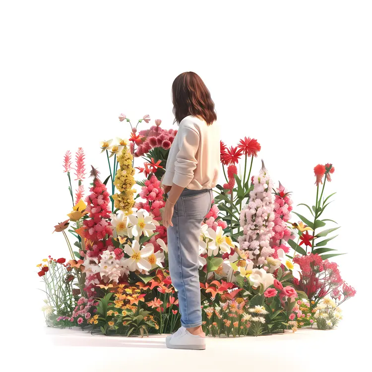 Woman Admiring Colorful Flowers