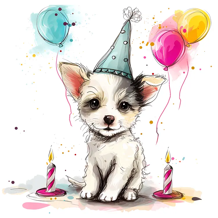 White and Black Puppy with Birthday Hat and Balloons