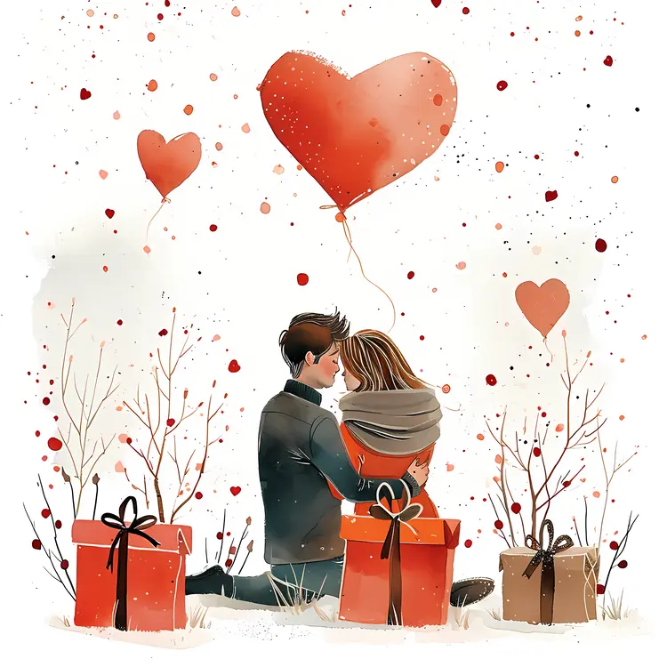 Couple Sitting with Gift Boxes and Heart Balloons