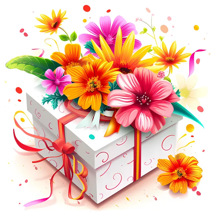 White Gift Box with Bright Flowers