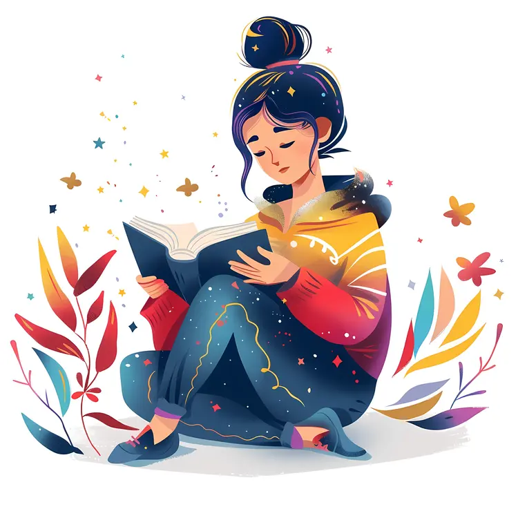 Girl Reading Book with Colorful Background