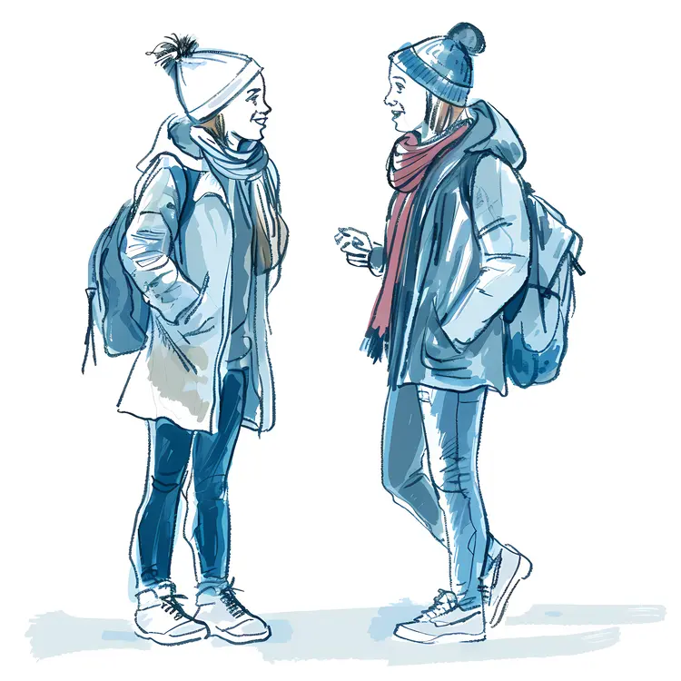 Two Girls Talking in Winter Clothes