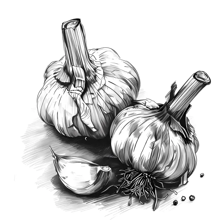 Black and White Garlic Bulbs with Clove Sketch