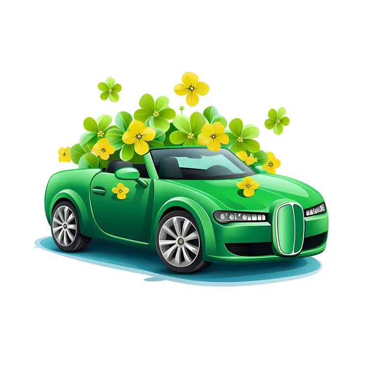 Cute Green Car with Flowers Illustration