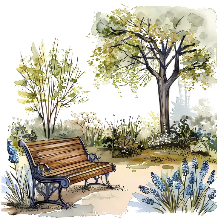 Scenic Park Bench with Lamp Post
