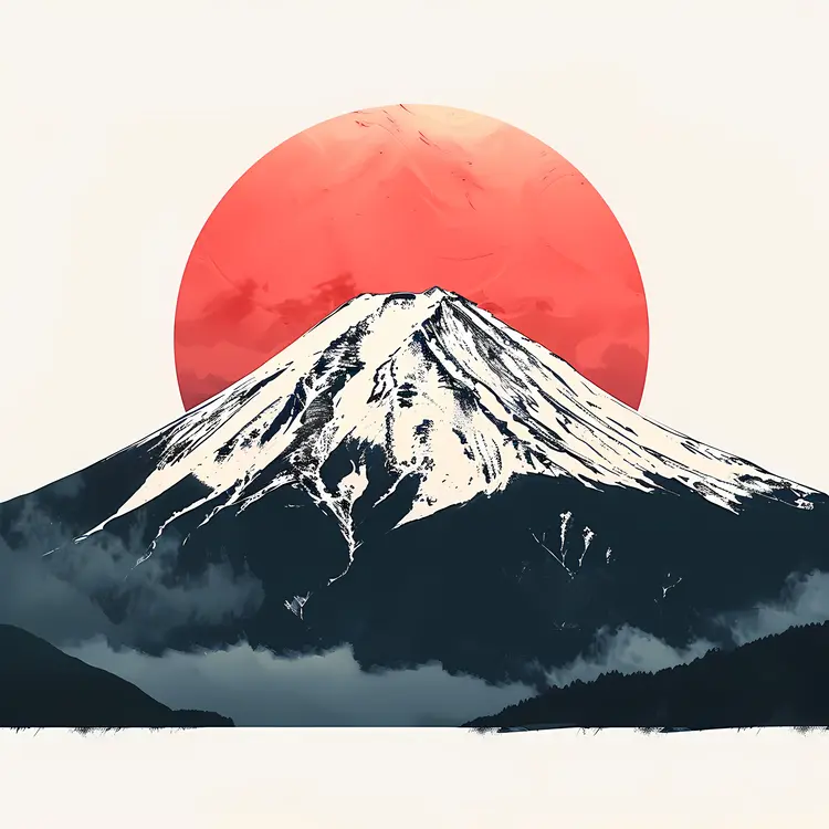 Mountain with Red Sun in the Background