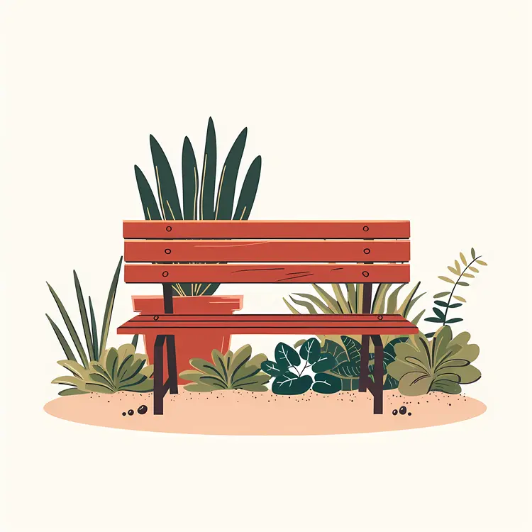 Red Wooden Bench with Plants