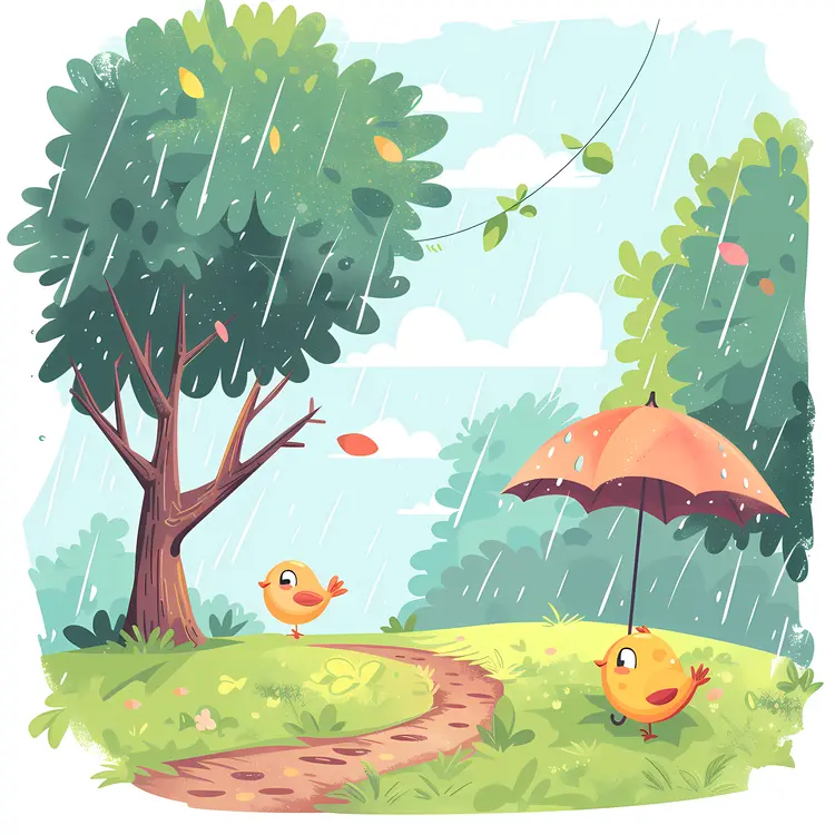 Birds Sheltering Under an Umbrella in the Rain