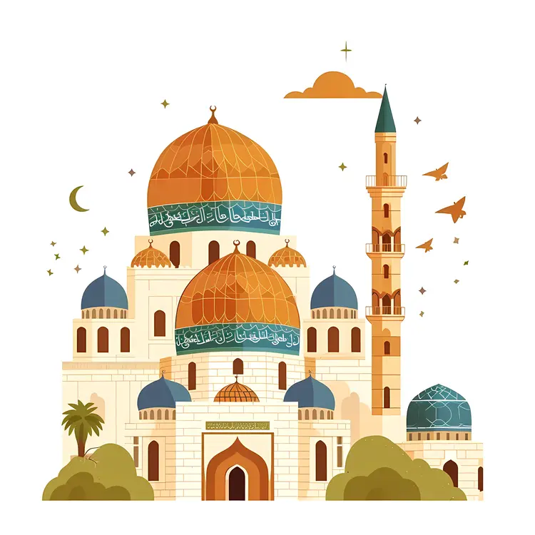 Colorful Mosque with Palm Trees