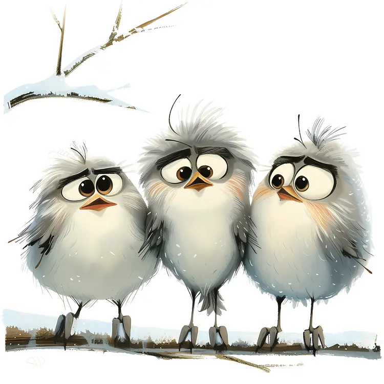 Three Fluffy Birds on a Snowy Branch