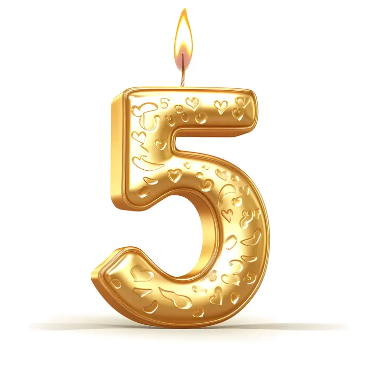 Golden Number 5 Candle with Hearts for Birthday Celebration