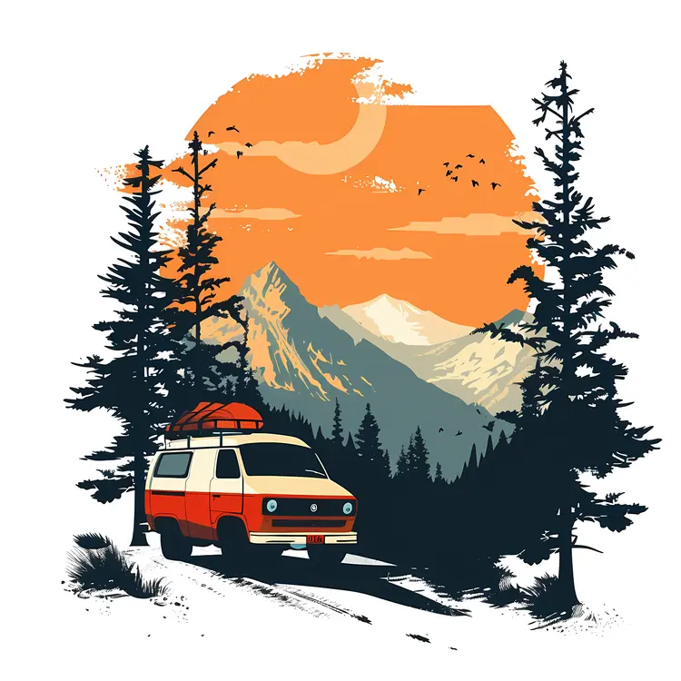Van in Forest with Mountain Background