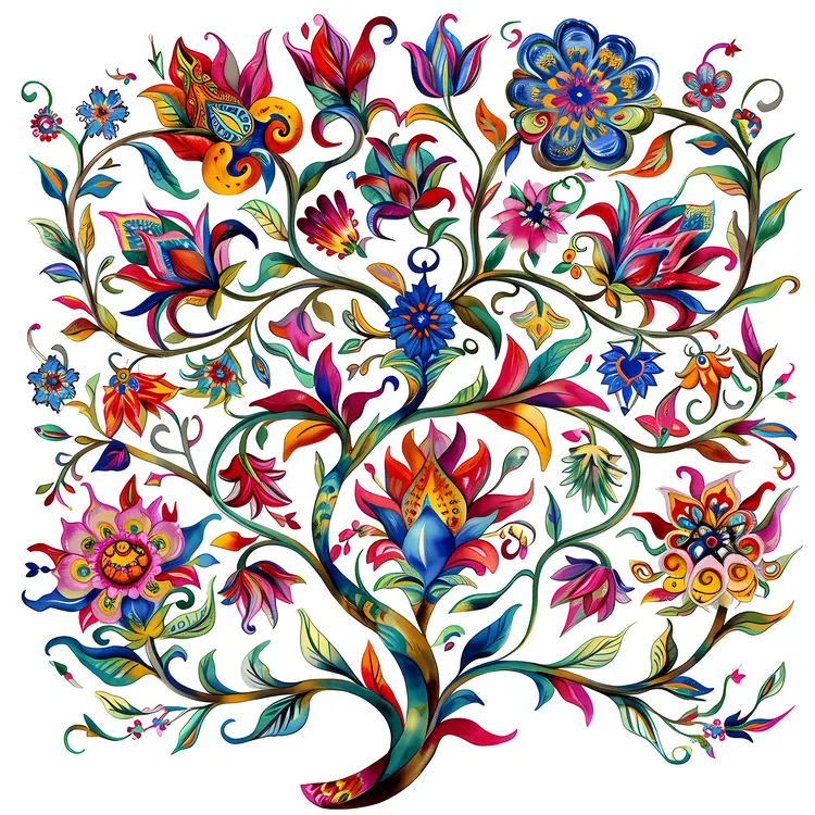 Floral Tree with Vibrant Flowers and Leaves