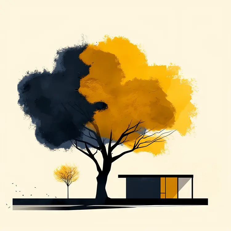 Modern House with Tree and Yellow Leaves
