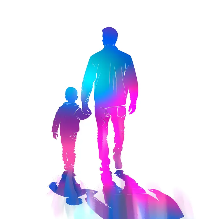 Colorful Silhouette of Father and Child Holding Hands