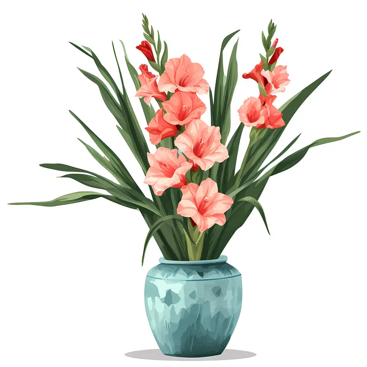 Pink Gladiolus Flowers in a Blue Vase