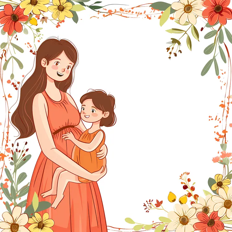 Mother and Child Illustration with Floral Border