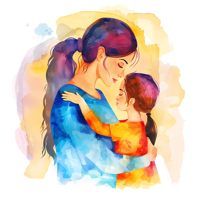 Mother and Child Hugging in Watercolor Style