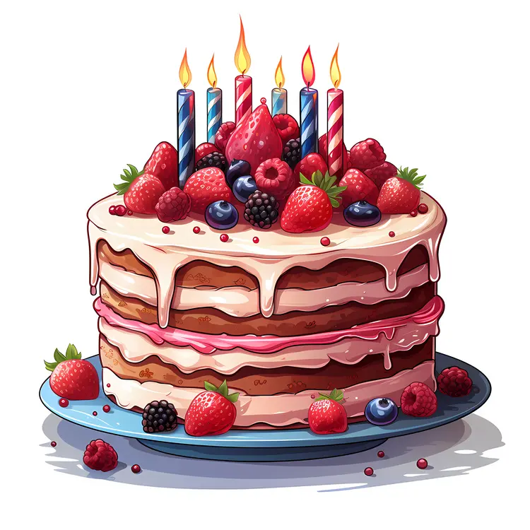 Berry-Topped Birthday Cake with Lit Candles