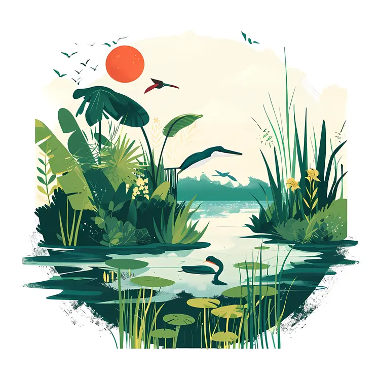 Birds Flying Over a Lush Lake
