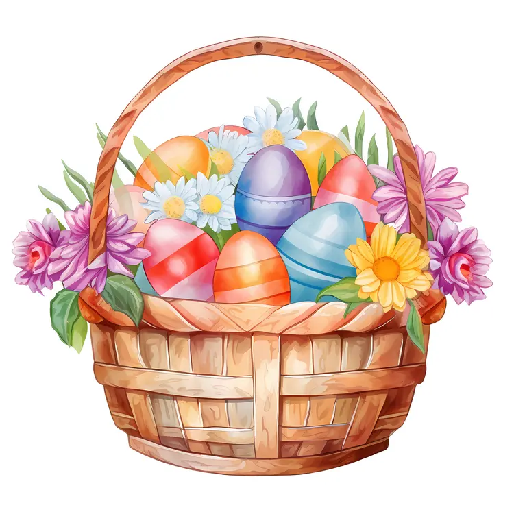 Easter Basket with Colorful Eggs and Flowers