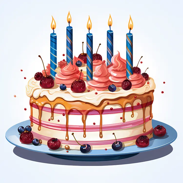 Birthday Cake with Candles and Cherries