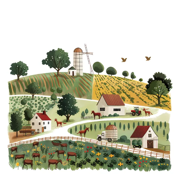 Farm with Windmill and Fields