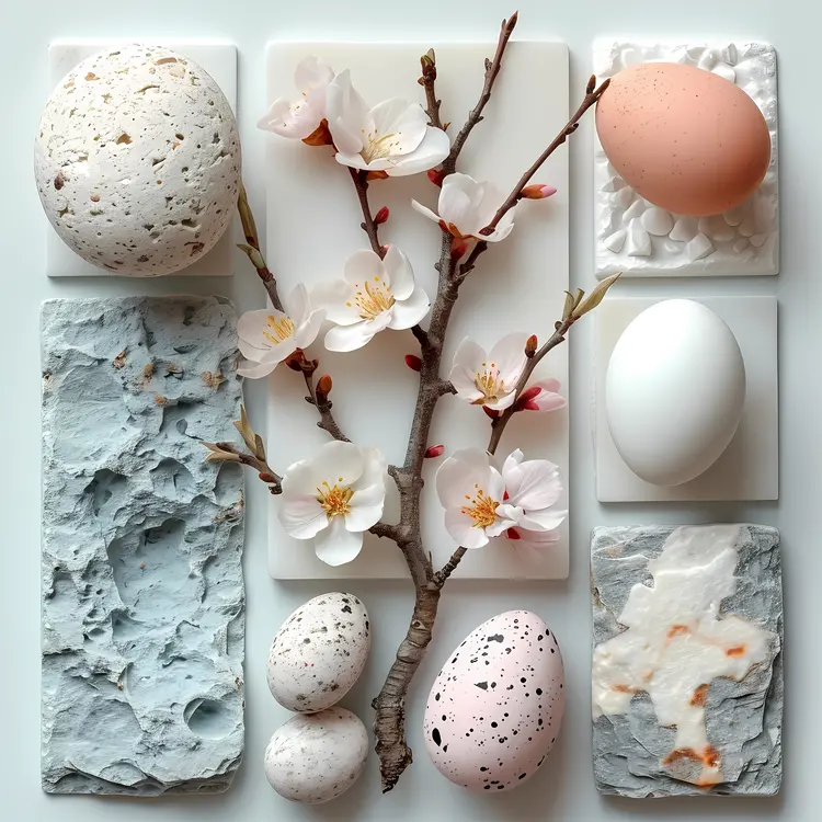 Speckled Eggs and Blossoms on Textured Tiles