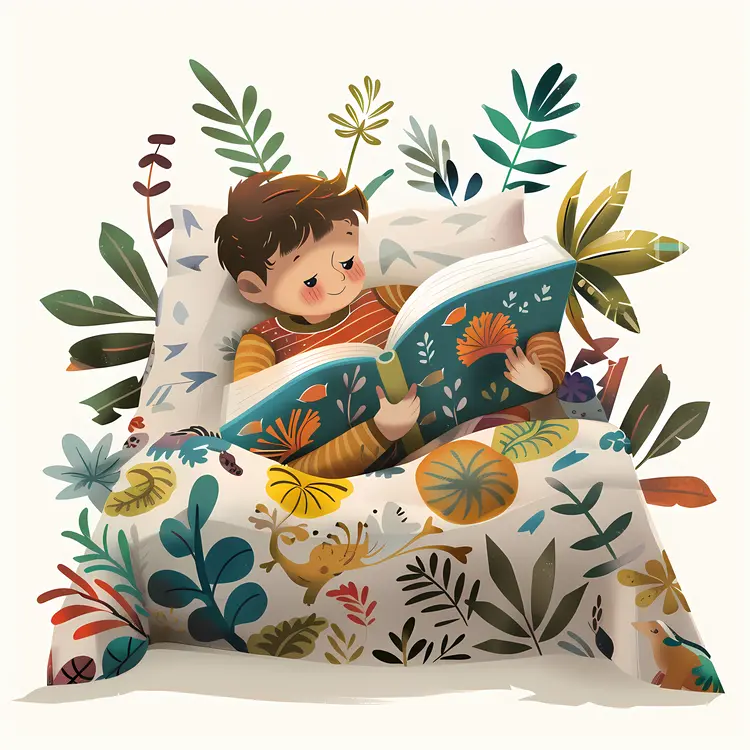 Boy Reading Book with Plants
