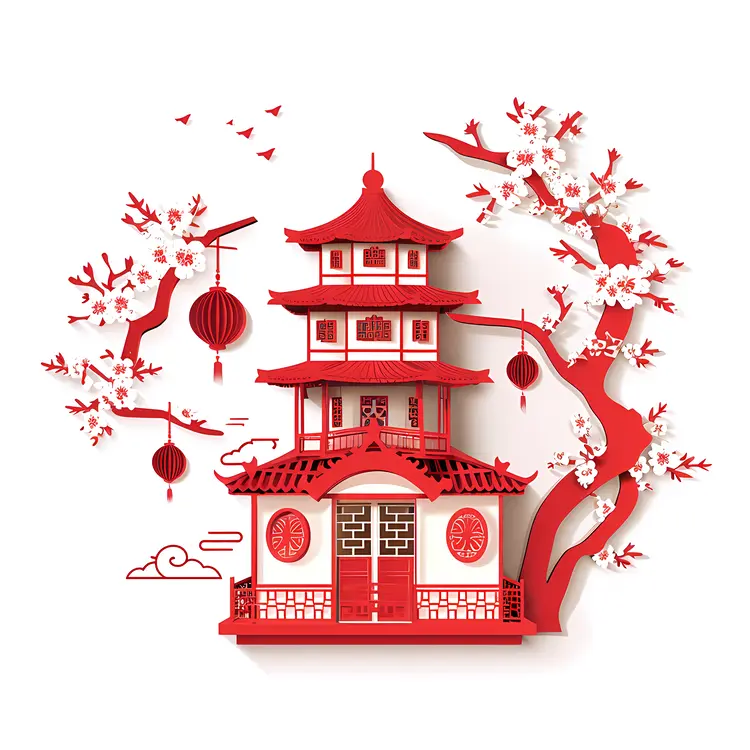 Red Pagoda with Cherry Blossoms and Lanterns