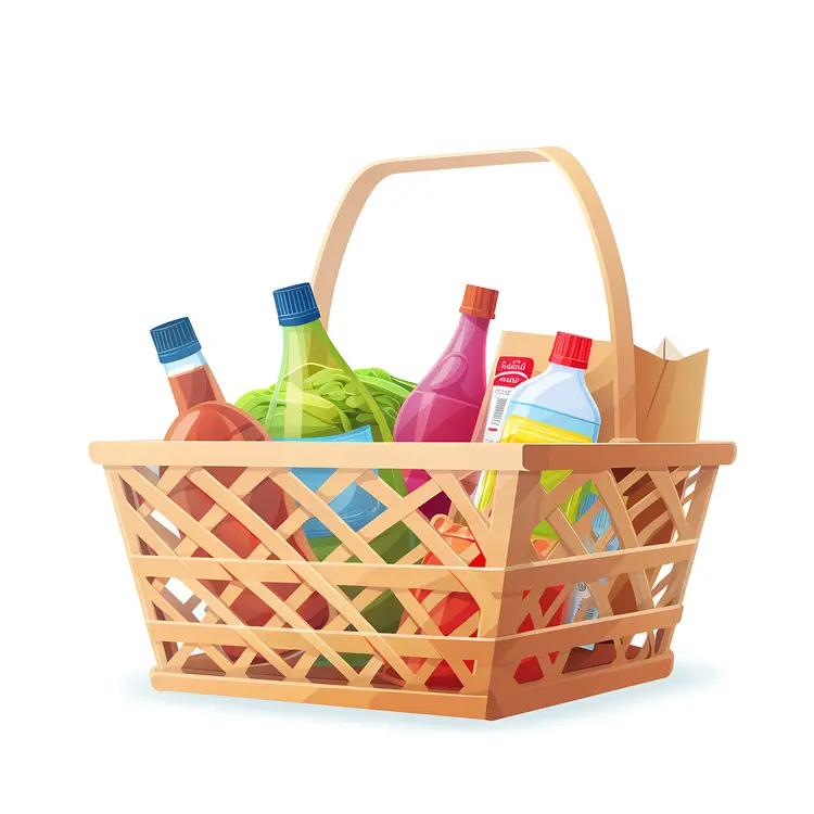 Woven Grocery Basket with Bottles and Vegetables
